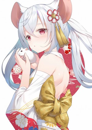 Anime girl with mouse ears and kimono holding a mouse