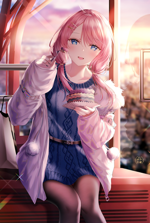 Anime girl with pink hair eating cake