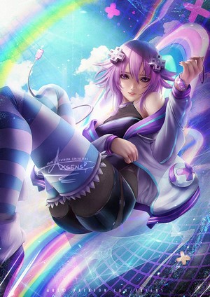 Neptune from Hyperdimension Neptunia floating with rainbows