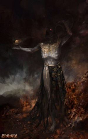Dark fantasy creature with glowing eyes and a golden orb