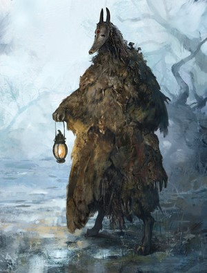 Creature with mask and lantern in a forest