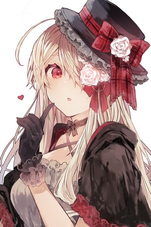 Anime girl with red eyes wearing a hat and gloves