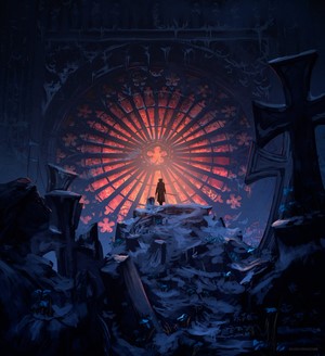 Lady Maria from Bloodborne in a ruined cathedral