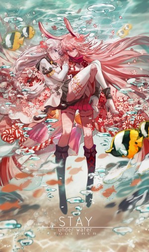 Two anime girls underwater with fish and flowers