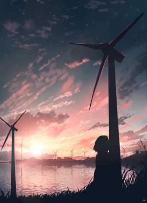 Anime couple kissing by wind turbines at sunset