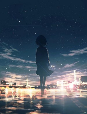Anime girl silhouette under starry sky over city