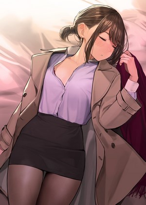 Anime girl in trench coat sleeping