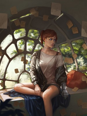 Woman with prosthetic arm sitting by a window