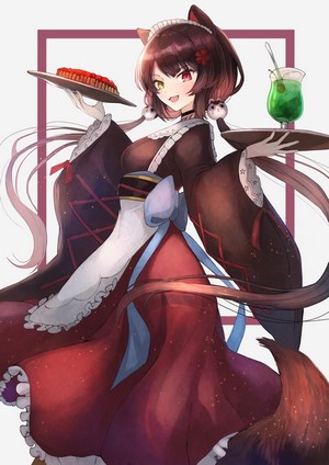 Anime girl in maid outfit holding cake and drink