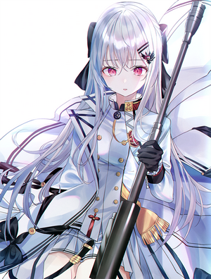 Anime girl in white military uniform holding a rifle