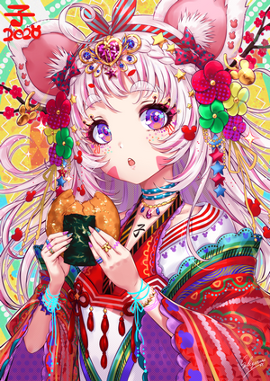 Anime girl with mouse ears eating onigiri