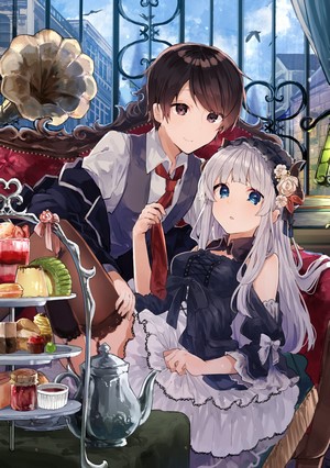 Anime couple enjoying afternoon tea with gramophone