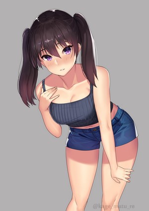 Anime girl with twintails and purple eyes wearing shorts