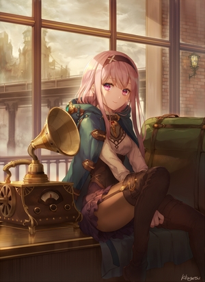 Anime girl with pink hair and a gramophone