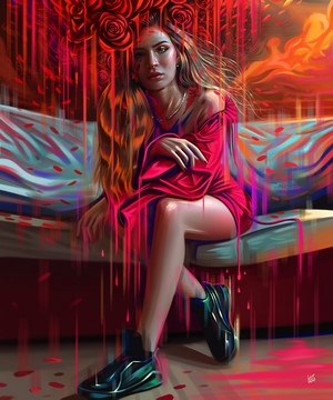 Woman with long hair in red dress sitting indoors