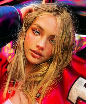 Artwork of a blonde woman looking at the viewer