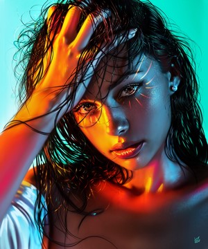 Woman with wet dark hair illuminated by red and cyan light