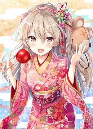 Anime girl in pink kimono holding candy apple and mask