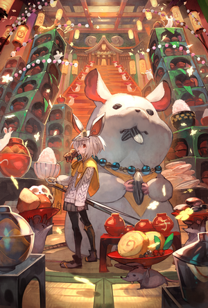 Anime girl and large rat in a shrine with offerings