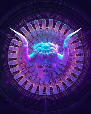 Neon Skull with Horns and Crown
