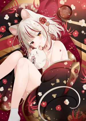 Anime girl with mouse plushie and kimono