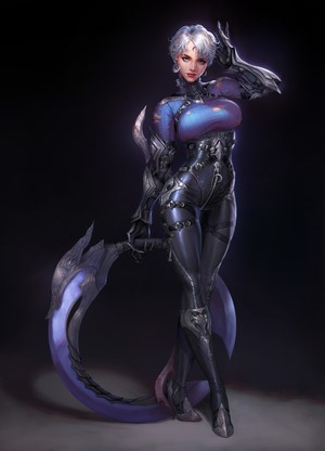 Woman in futuristic armor with scythe