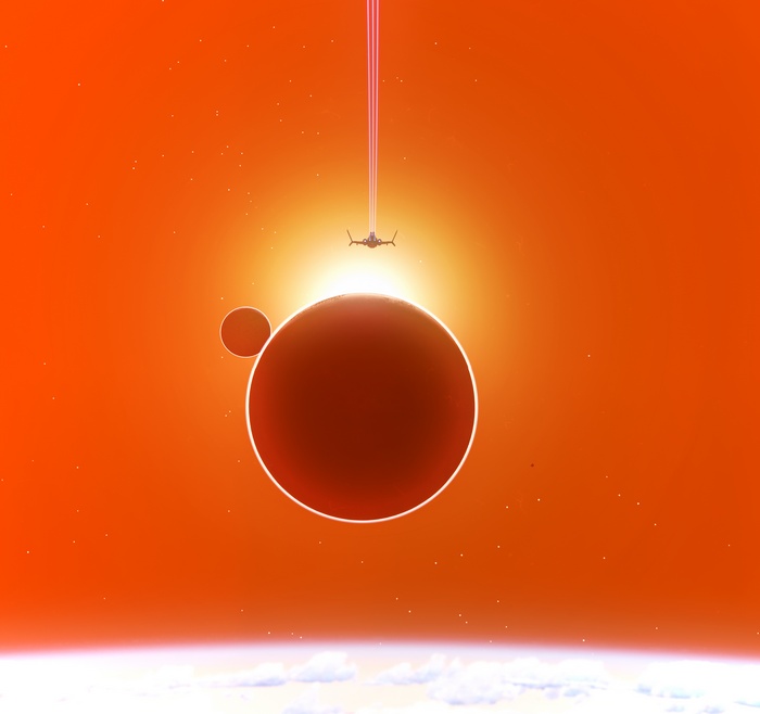 Spacecraft near red planets in No Man's Sky