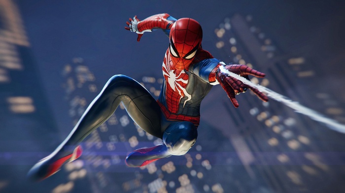 Spider-Man swinging through a city at night 4K