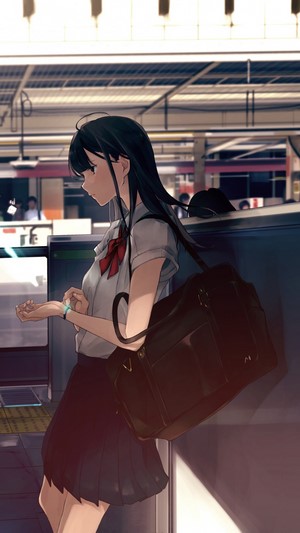 Anime girl in school uniform at a train station