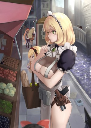 Anime girls in maid outfits at a market stall