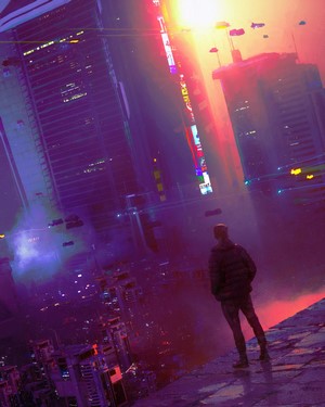 Cyberpunk city with a person overlooking