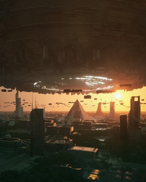 Futuristic Cyber City with Pyramids and Flying Objects
