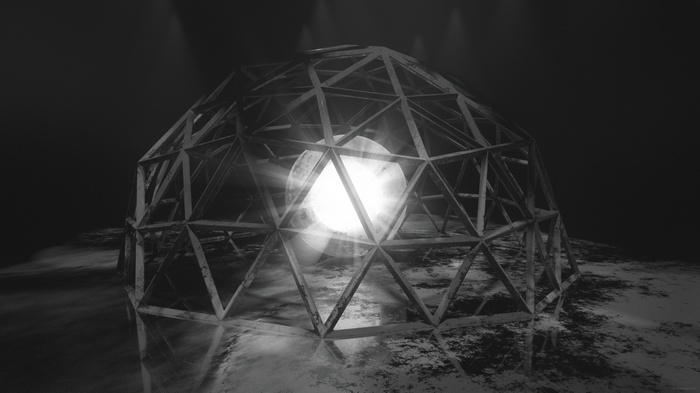 Monochrome geodesic dome with glowing sphere