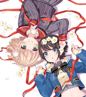 Two anime girls with red ribbons and flowers