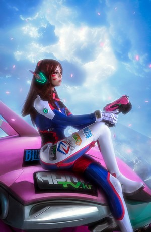 D.Va from Overwatch cosplay with pink mech
