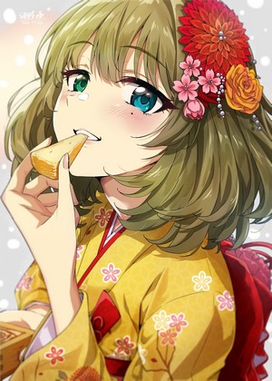 Takagaki Kaede eating cheese in kimono