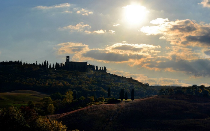 Tuscan Landscape with Building and Cypress Trees