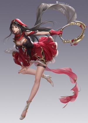 Fantasy girl in red dress holding a weapon