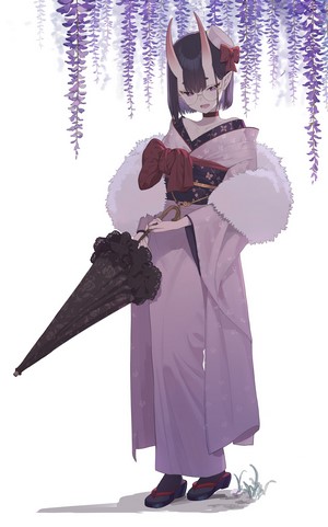 Anime girl with horns in a kimono holding an umbrella
