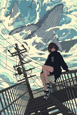 Anime girl sitting on stairs with whales in the background