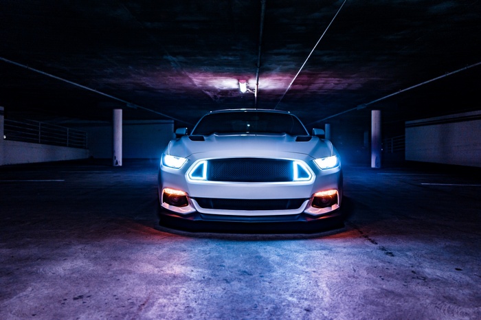 White Ford Mustang with Neon Lights