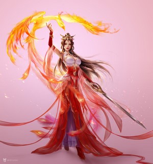 Phoenix Warrior Woman with Sword and Fire