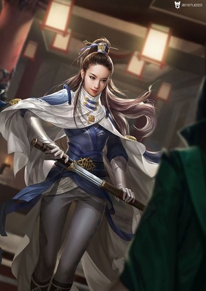 Warrior woman with sword and blue and white outfit