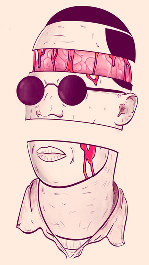 Illustration of a dissected head with exposed brain and blood