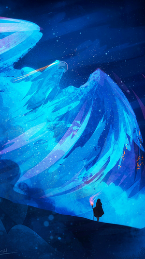 Artwork of a person with a torch in a blue landscape