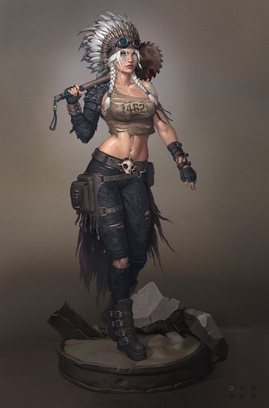 Post-apocalyptic warrior woman with a saw weapon
