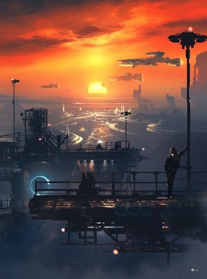 Futuristic city with flying vehicles at sunset