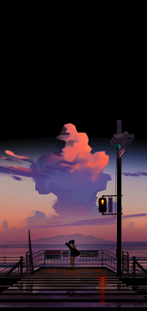 Anime girl with guitar at sunset