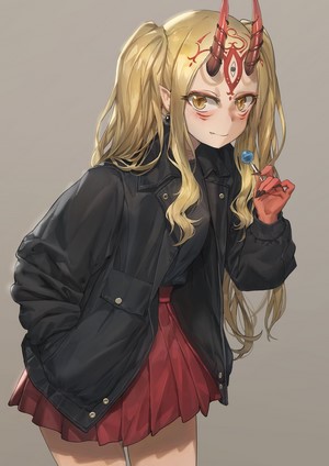 Anime girl with horns and pigtails holding a lollipop