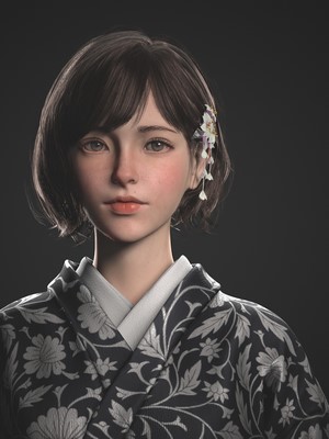 CGI fantasy girl in kimono with flowers